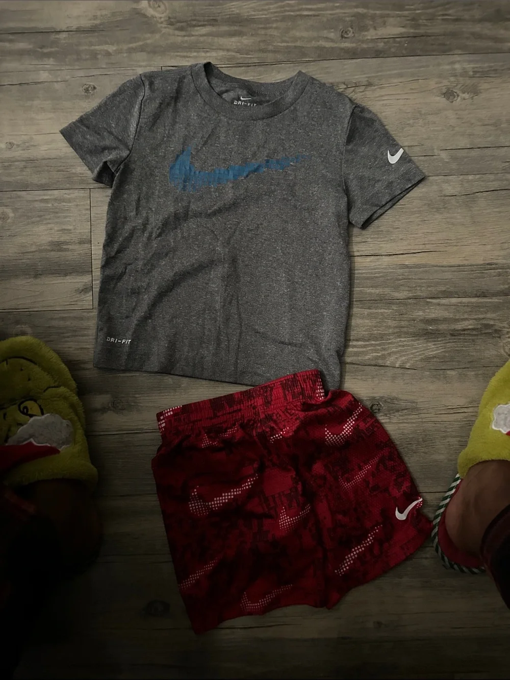 Nike Gray Tee with Blue Swoosh & Red Athletic Shorts